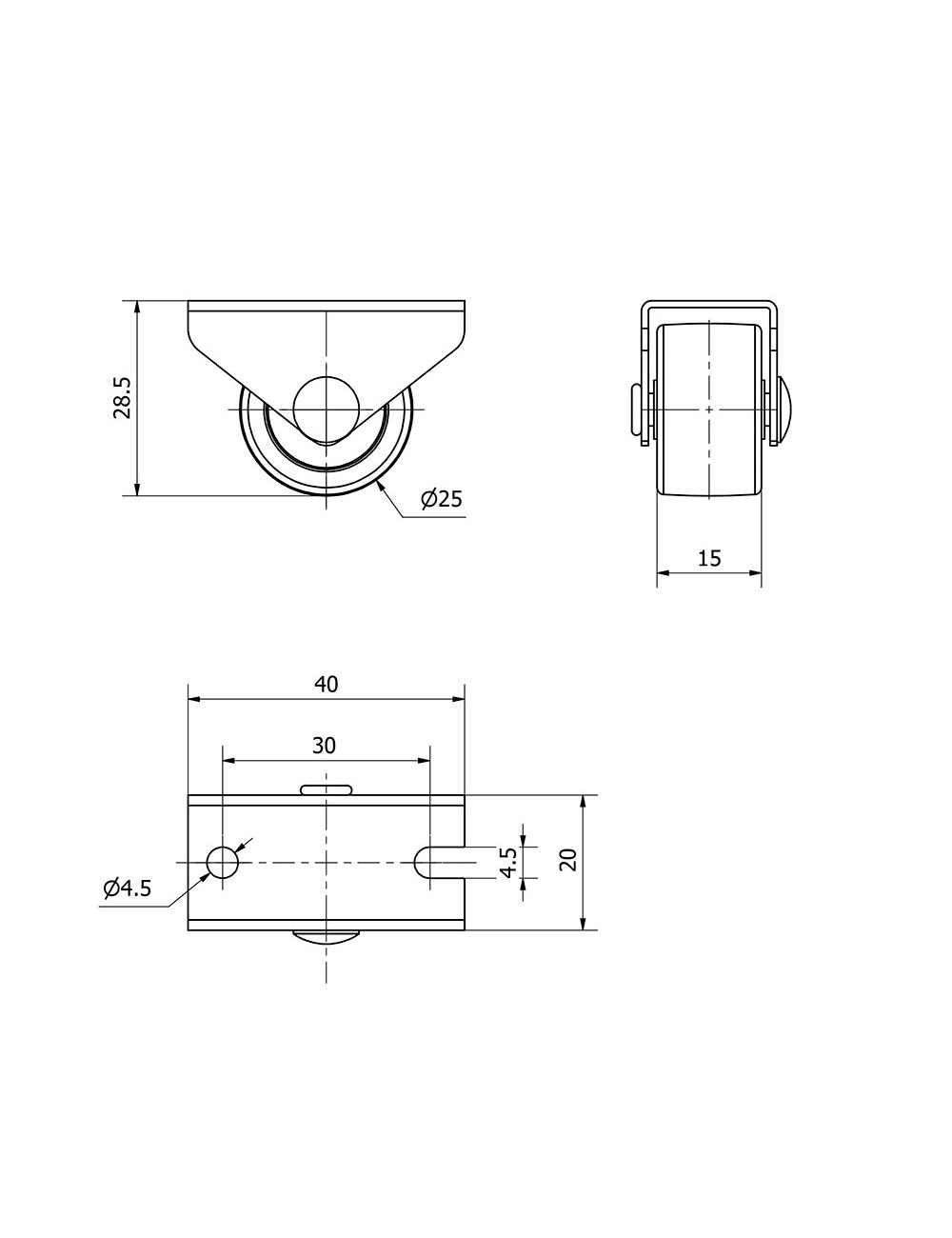 Rueda fija con placa y eje liso de dos fijaciones, color negro, carga máx. 40 kg, ø 2,5 cm