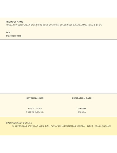 Rueda fija con placa y eje liso de dos fijaciones, color negro, carga máx. 40 kg, ø 2,5 cm