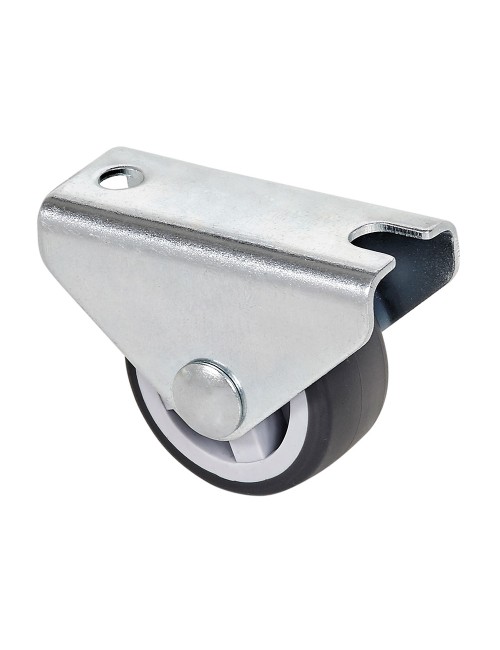 Rueda fija de goma con placa y eje liso de dos fijaciones, color gris, carga máx. 40 kg. ø 2,5 cm