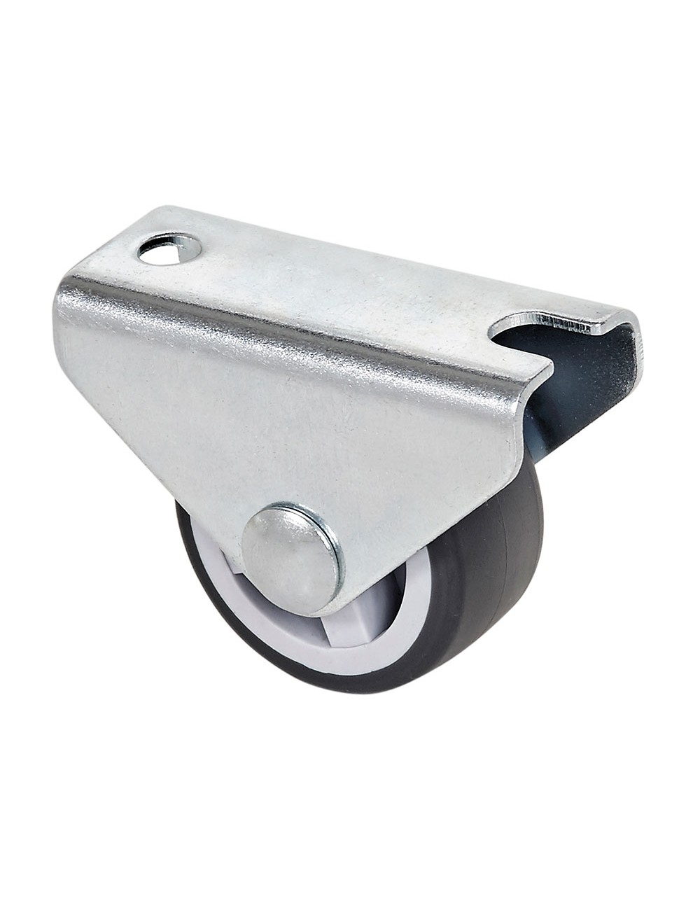 Rueda fija de goma con placa y eje liso de dos fijaciones, color gris, carga máx. 45 kg. ø 3 cm