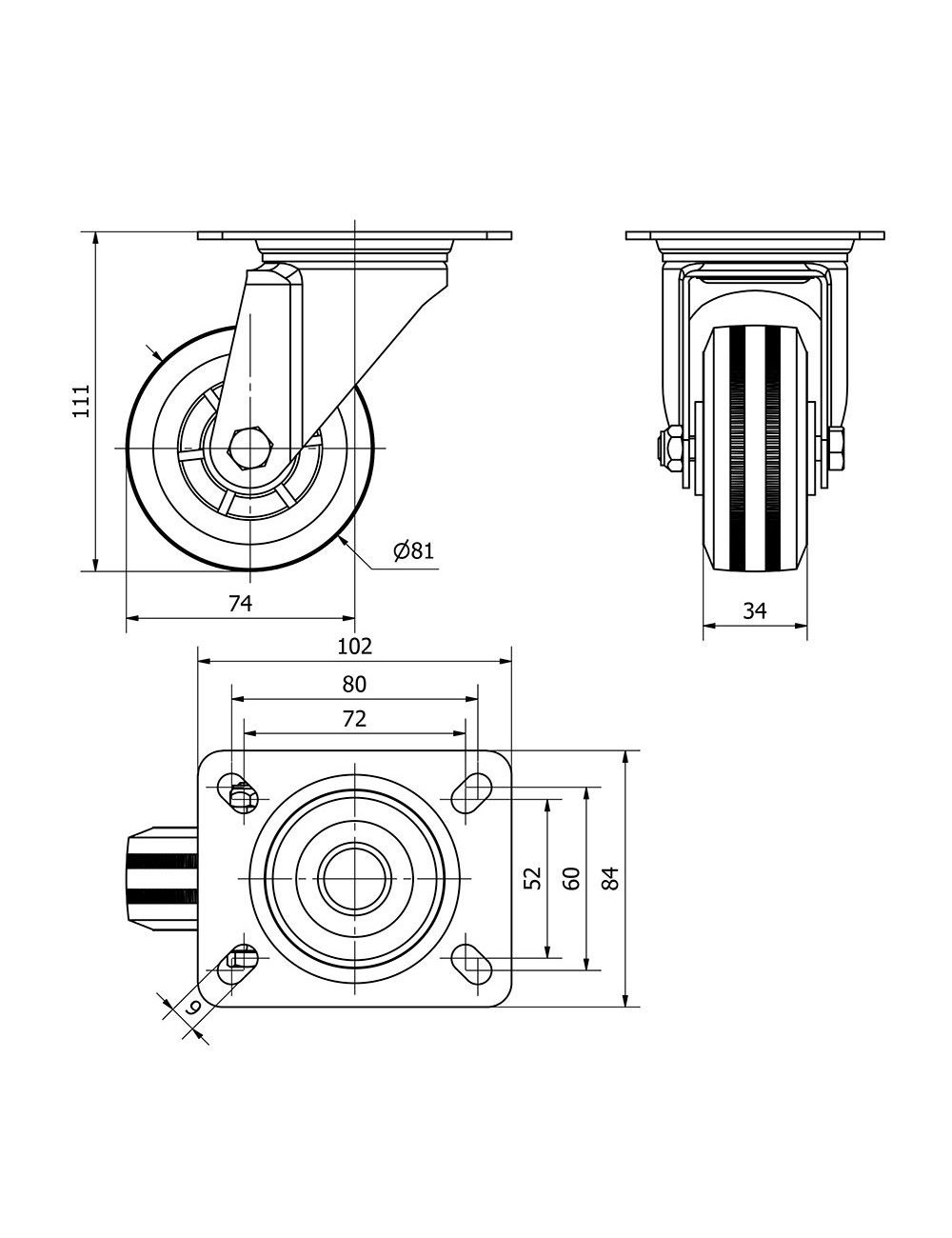 Rueda giratoria de goma natural con placa y eje liso, color negro, carga máx. 60 kg, ø 8 cm