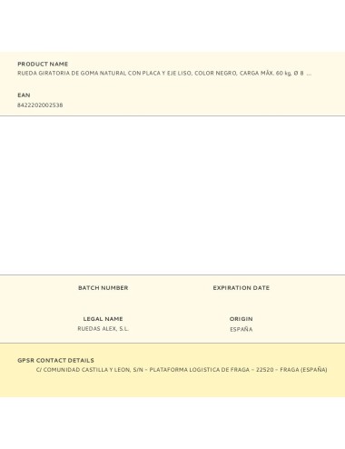 Rueda giratoria de goma natural con placa y eje liso, color negro, carga máx. 60 kg, ø 8 cm