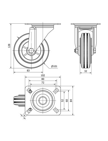 Rueda giratoria de goma natural con placa y eje liso, color negro, carga máx. 80 kg, ø 10 cm