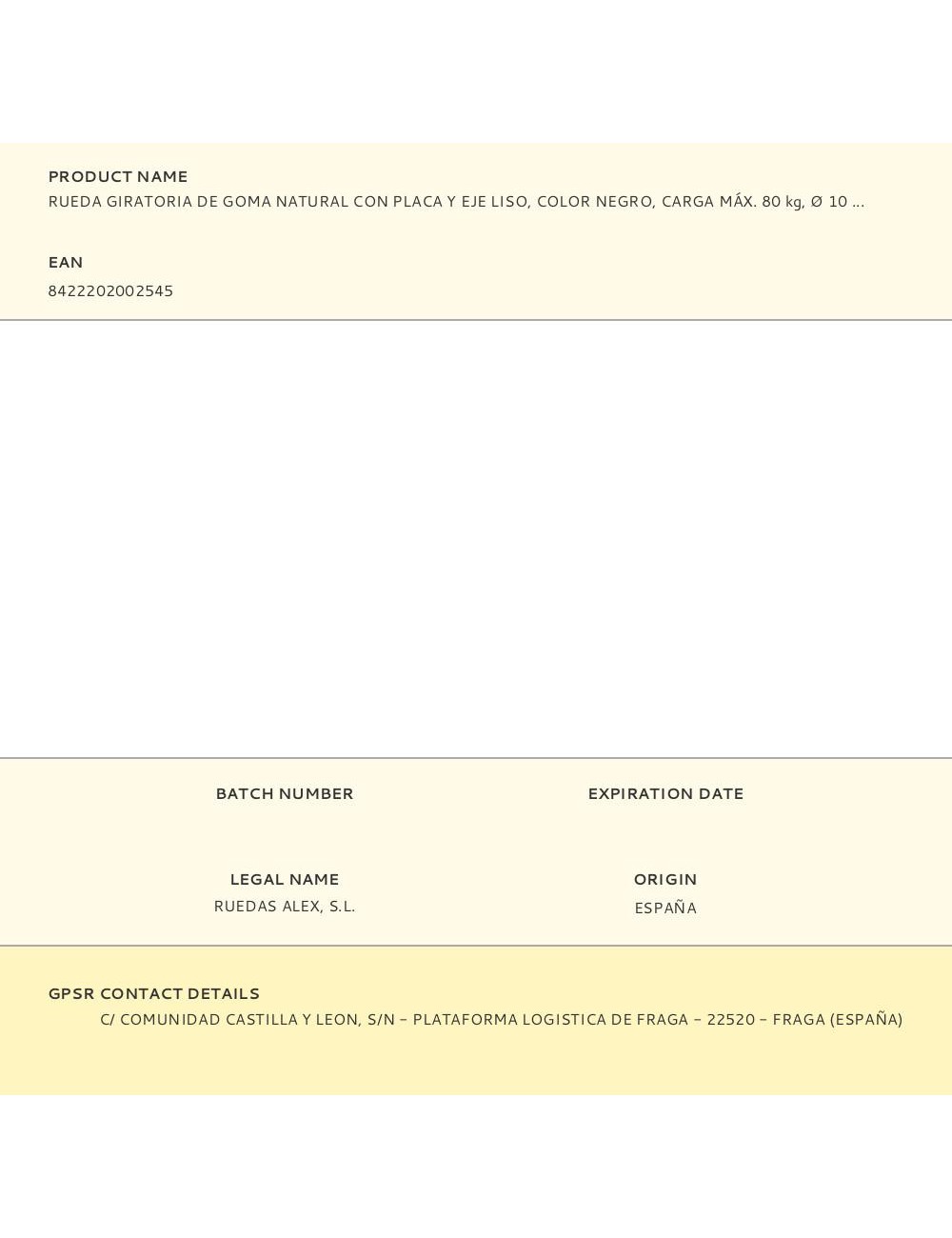 Rueda giratoria de goma natural con placa y eje liso, color negro, carga máx. 80 kg, ø 10 cm