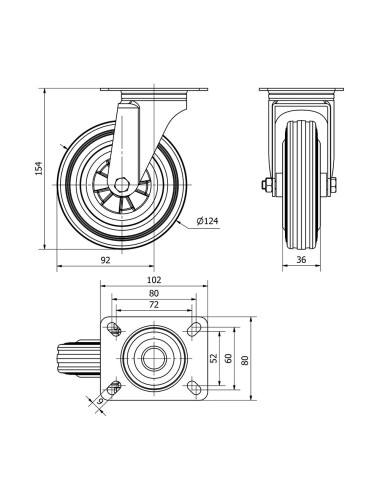 Rueda giratoria de goma natural con placa y eje liso, color negro, carga máx. 110 kg, ø 12,5 cm