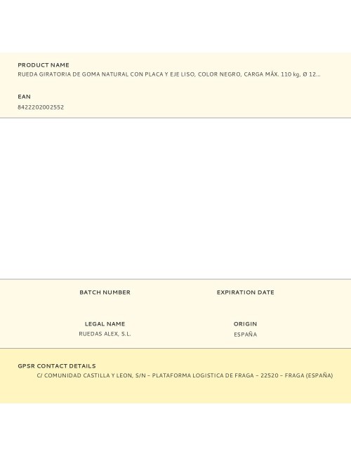 Rueda giratoria de goma natural con placa y eje liso, color negro, carga máx. 110 kg, ø 12,5 cm