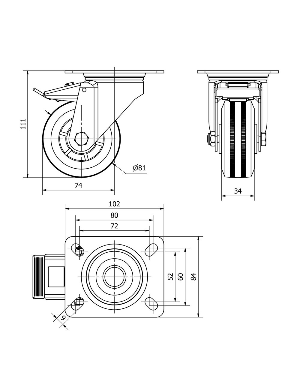 Rueda giratoria de goma natural con placa, eje liso y freno, color negro, carga máx. 60 kg, ø 8 cm