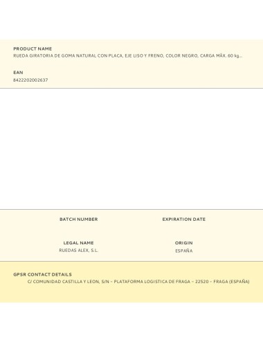 Rueda giratoria de goma natural con placa, eje liso y freno, color negro, carga máx. 60 kg, ø 8 cm