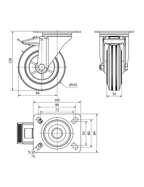 Rueda giratoria de goma natural con placa, eje liso y freno, color negro, carga máx. 80 kg, ø 10 cm