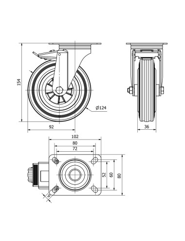 Rueda giratoria de goma natural con placa, eje liso y freno, color negro, carga máx. 110 kg, ø 12,5 cm