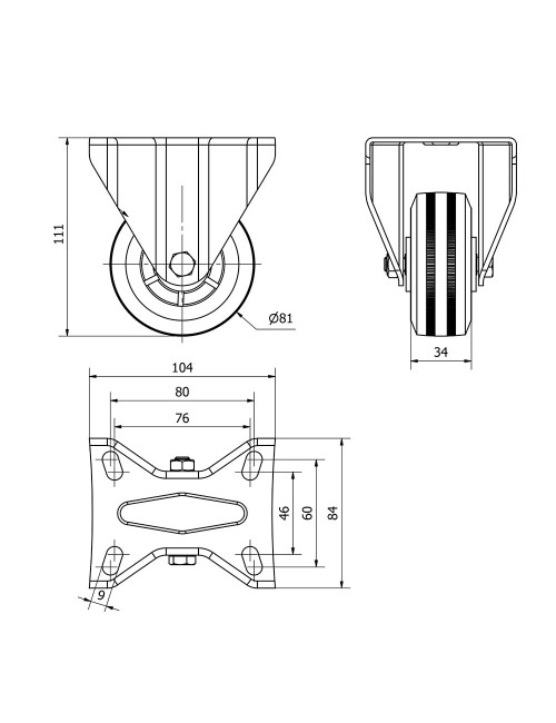 Rueda fija de goma natural con placa y eje liso, color negro, carga máx. 60 kg, ø 8 cm