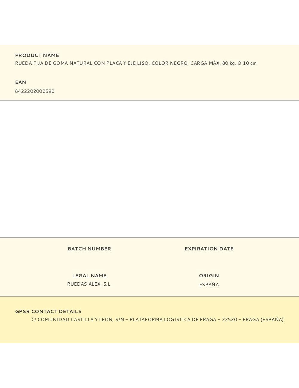 Rueda fija de goma natural con placa y eje liso, color negro, carga máx. 80 kg, ø 10 cm