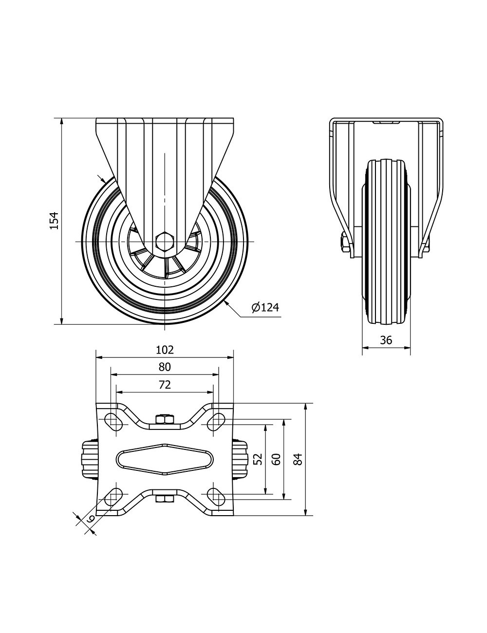 Rueda fija de goma natural con placa y eje liso, color negro, carga máx. 110 kg, ø 12,5 cm