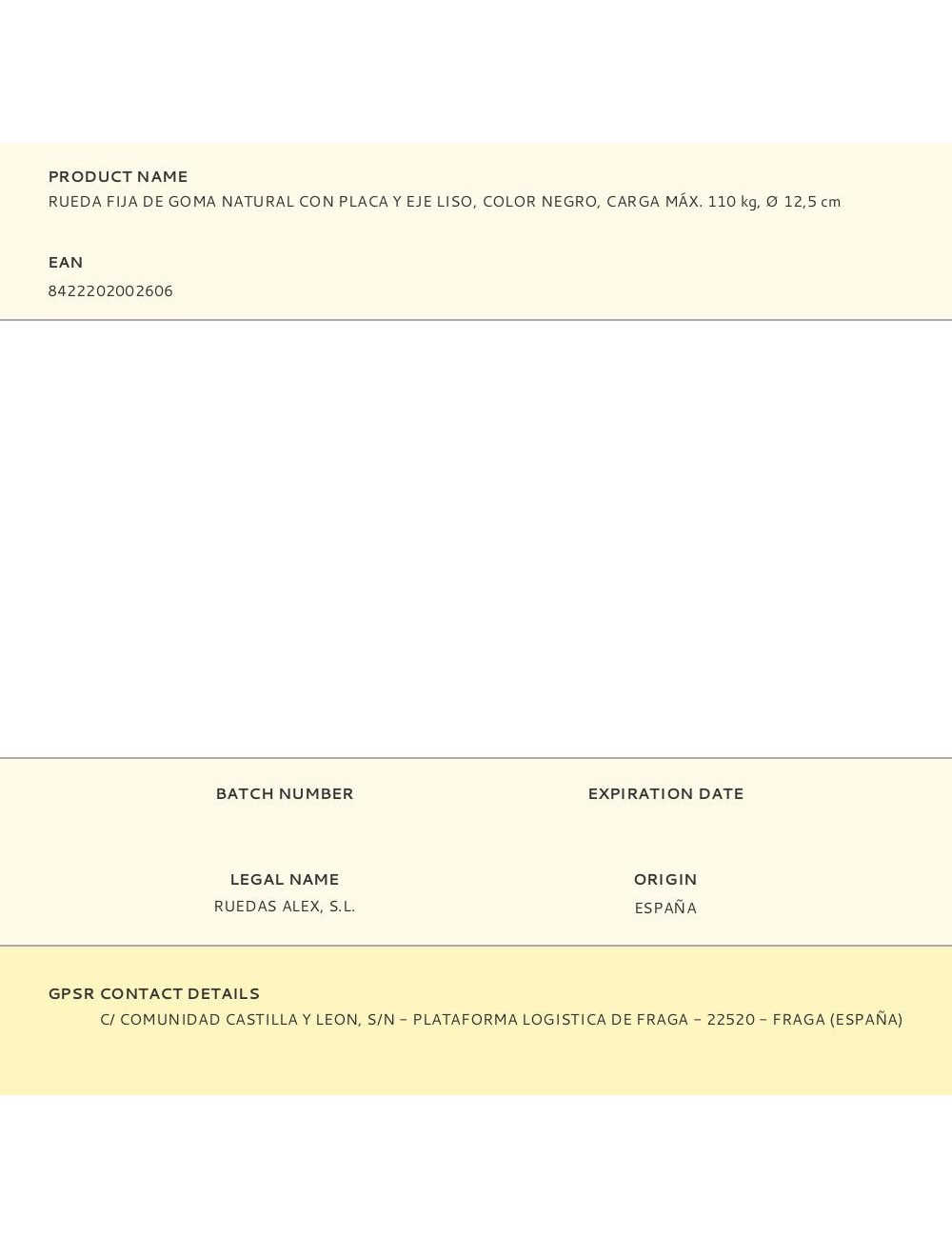 Rueda fija de goma natural con placa y eje liso, color negro, carga máx. 110 kg, ø 12,5 cm