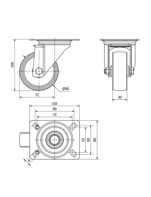 Rueda giratoria de poliamix con placa y eje liso, color blanco, carga máx. 130 kg, ø 8 cm
