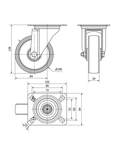 Rueda giratoria de poliamix con placa y eje liso, color blanco, carga máx. 150 kg, ø 10 cm