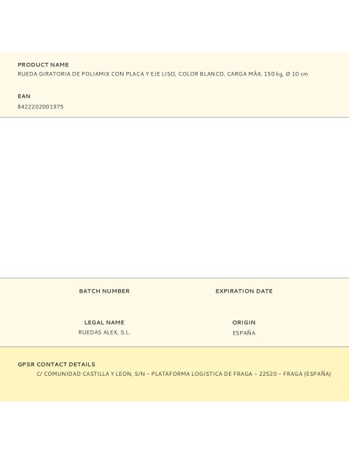 Rueda giratoria de poliamix con placa y eje liso, color blanco, carga máx. 150 kg, ø 10 cm