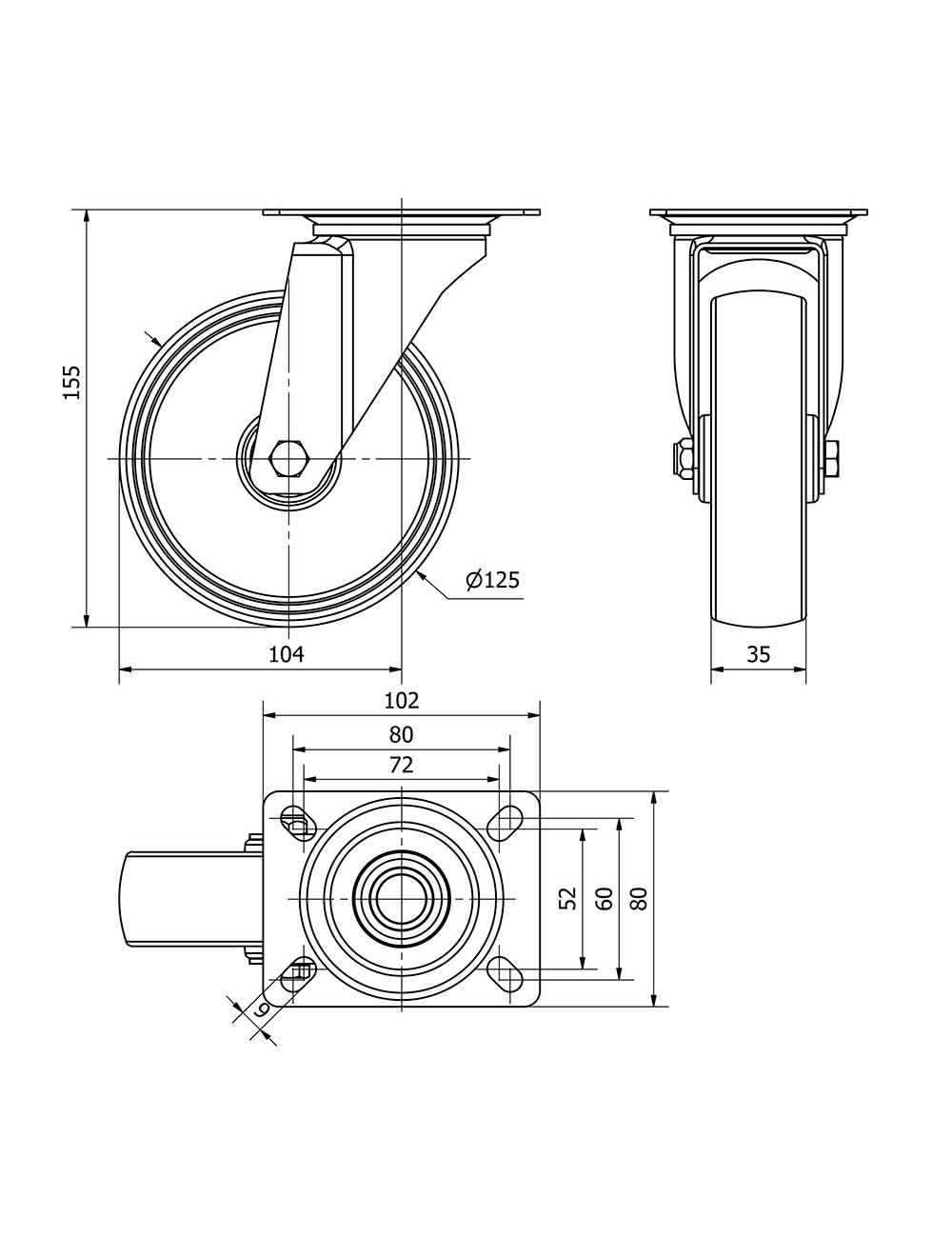 Rueda giratoria de poliamix con placa y eje liso, color blanco, carga máx. 170 kg, ø 12,5 cm
