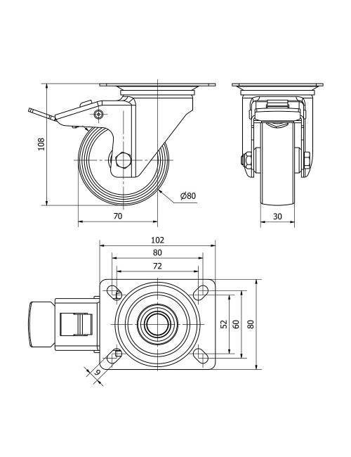 Rueda giratoria de poliamix con placa, eje liso y freno, color blanco, carga máx. 130 kg, ø 8 cm