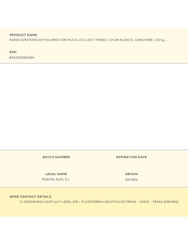 Rueda giratoria de poliamix con placa, eje liso y freno, color blanco, carga máx. 130 kg, ø 8 cm