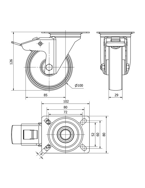 Rueda giratoria de poliamix con placa, eje liso y freno, color blanco, carga máx.150 kg, ø 10 cm