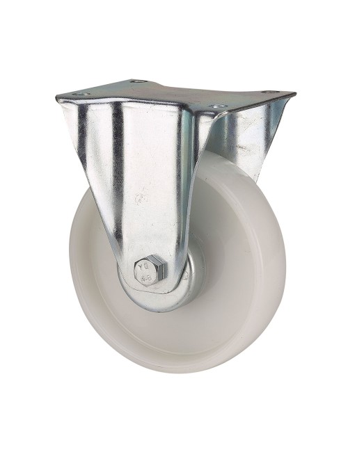Rueda fija de poliamix con placa y eje liso, color blanco, carga máx. 150 kg, ø 10 cm