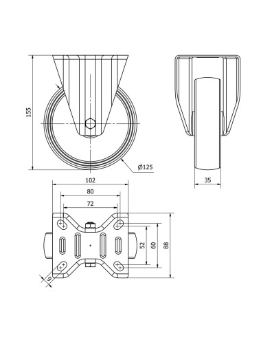 Rueda fija de poliamix con placa y eje liso, color blanco, carga máx. 170 kg, ø 12,5 cm