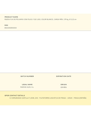 Rueda fija de poliamix con placa y eje liso, color blanco, carga máx. 170 kg, ø 12,5 cm