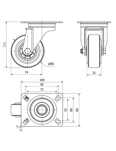 Rueda giratoria de goma con placa y eje de rodillos, color azul, carga máx. 80 kg, ø 8 cm