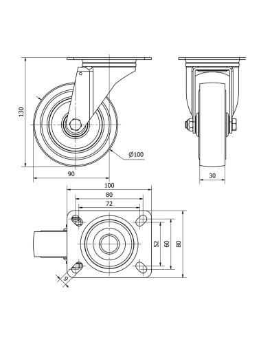 Rueda giratoria de goma con placa y eje de rodillos, color azul, carga máx. 100 kg, ø 10 cm