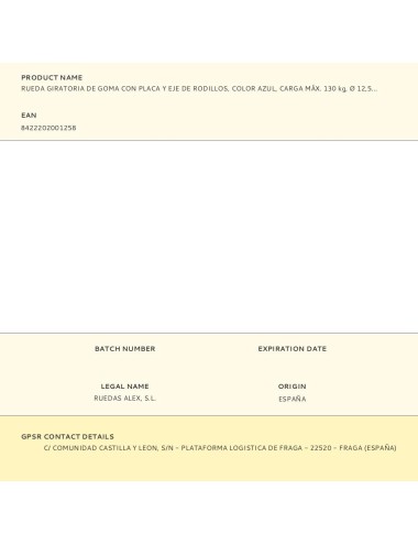 Rueda giratoria de goma con placa y eje de rodillos, color azul, carga máx. 130 kg, ø 12,5 cm