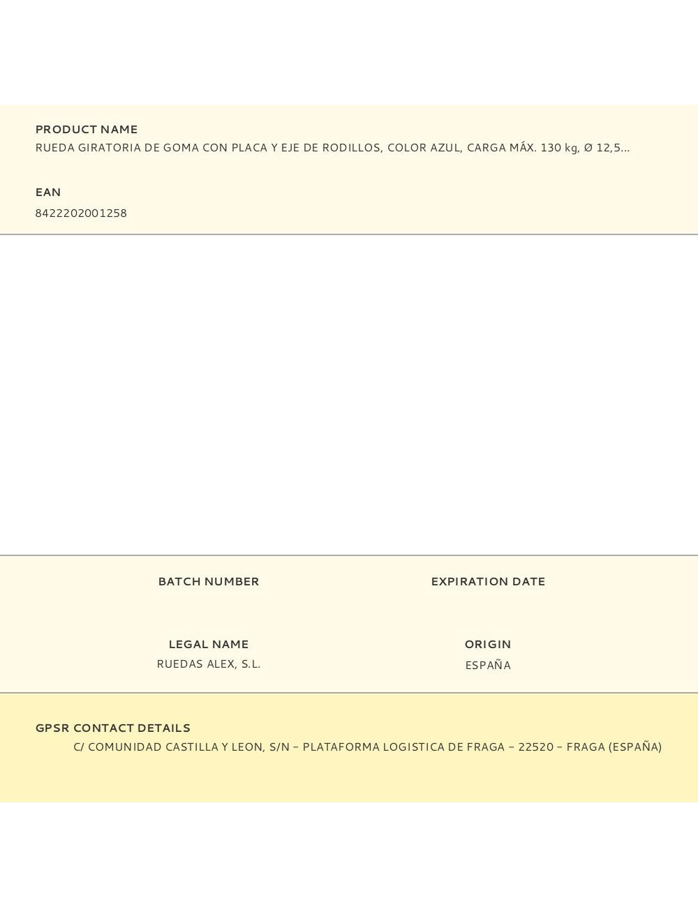 Rueda giratoria de goma con placa y eje de rodillos, color azul, carga máx. 130 kg, ø 12,5 cm