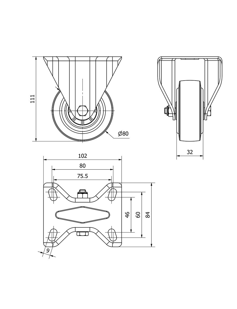 Rueda fija de goma, con placa y eje de rodillos color azul, carga máx. 80 kg, ø 8 cm