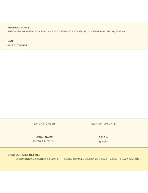 Rueda fija de goma, con placa y eje de rodillos, color azul, carga máx. 100 kg, ø 10 cm