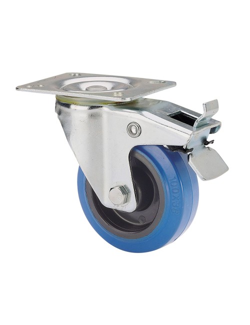Rueda giratoria de goma con placa, eje de rodillos y freno, color azul, carga máx. 100 kg, ø 10 cm
