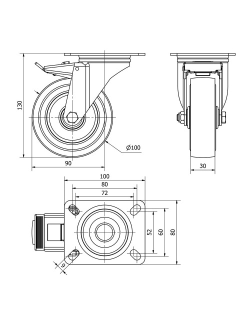 Rueda giratoria de goma con placa, eje de rodillos y freno, color azul, carga máx. 100 kg, ø 10 cm