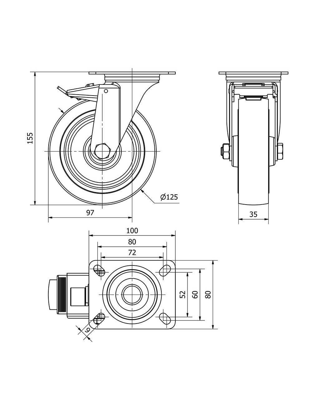Rueda giratoria de goma con placa, eje de rodillos y freno, color azul, carga máx. 130 kg, ø 12,5 cm