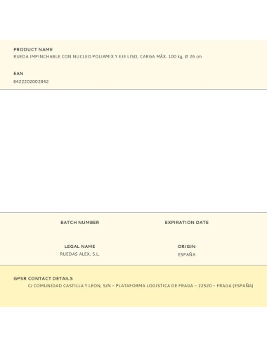 Rueda impinchable con nucleo poliamix y eje liso, carga máx. 100 kg, ø 26 cm