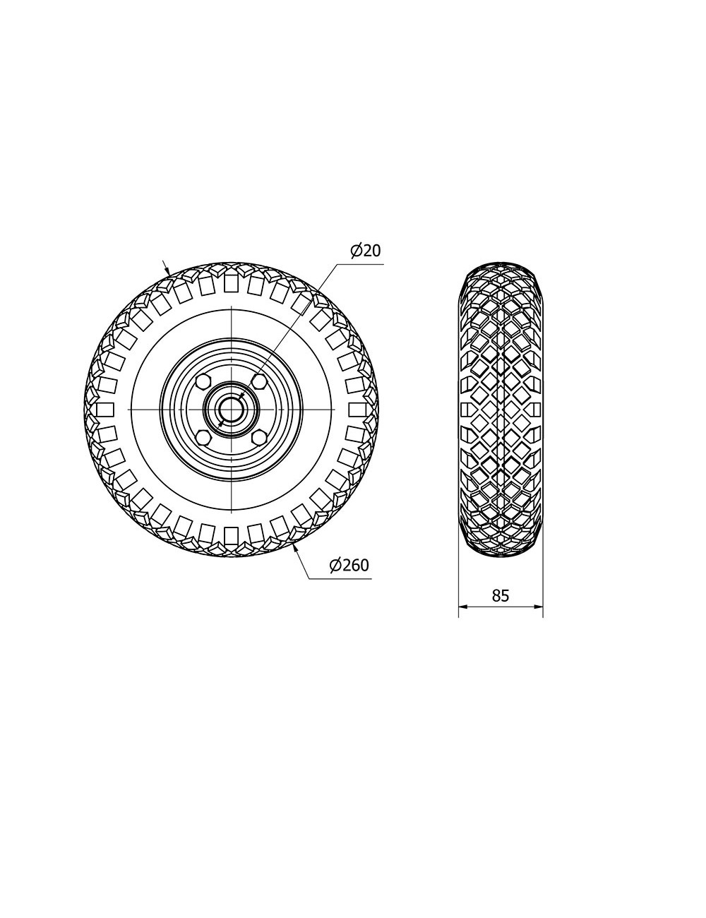 Rueda impinchable con nucleo metálico y rodamiento de bolas, carga máx. 100 kg, ø 26 cm