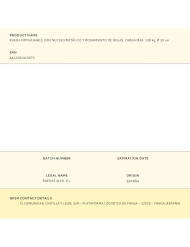 Rueda impinchable con nucleo metálico y rodamiento de bolas, carga máx. 100 kg, ø 26 cm