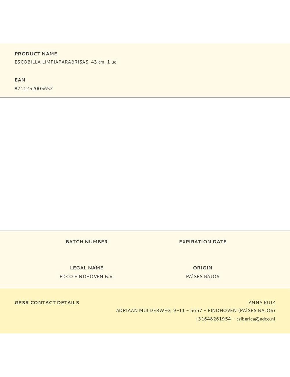 Escobilla limpiaparabrisas, 43 cm, 1 ud