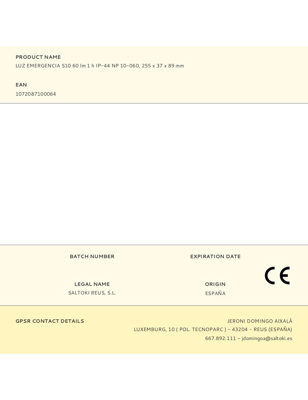 Luz emergencia s10 60 lm 1 h ip-44 np 10-060, 255 x 37 x 89 mm