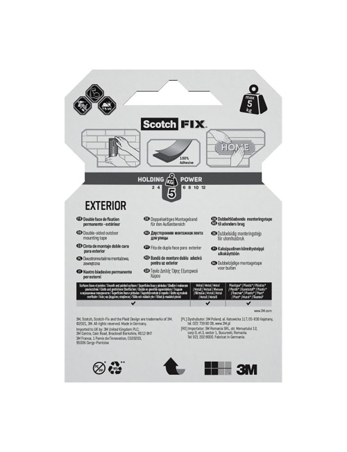 Cinta doble cara de montaje para exteriores, máx 5 kg, 19 mm x 1,5 m