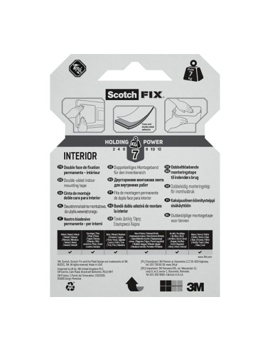 Cinta doble cara de montaje para interiores, máx 7 kg, 19mmx1,5m