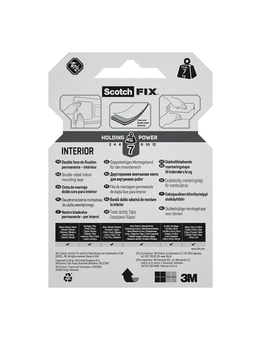 Cinta doble cara de montaje para interiores, máx 7 kg, 19mmx1,5m