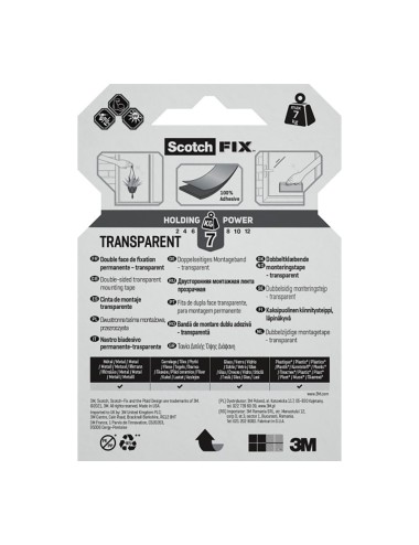 Cinta doble cara de montaje, transparente, máx 7 kg, 19mmx1,5m