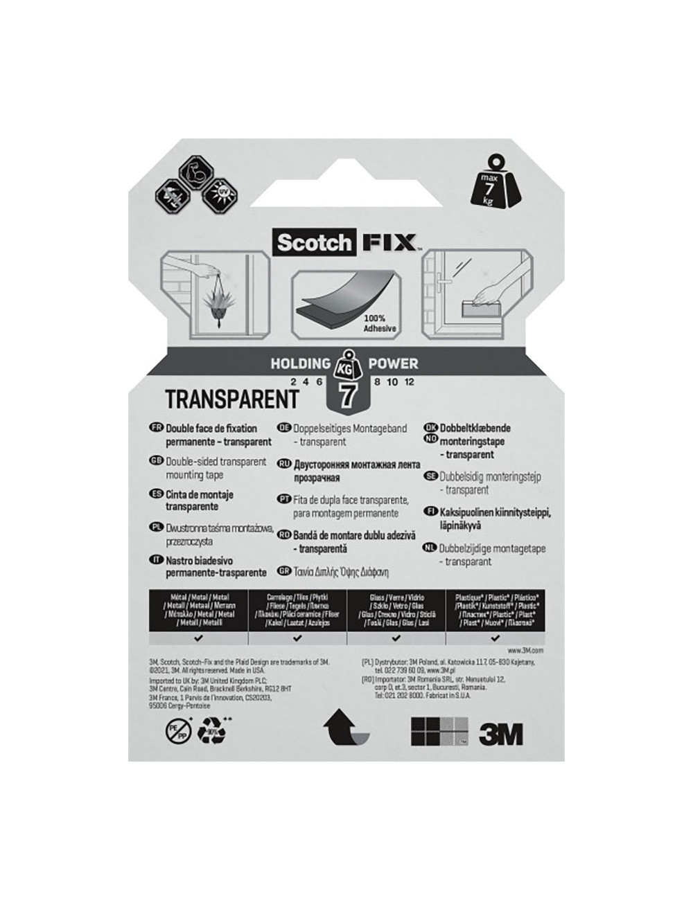 Cinta doble cara de montaje, transparente, máx 7 kg, 19mmx1,5m