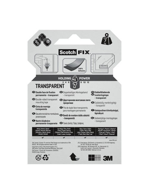 Cinta doble cara de montaje, transparente, máx 7 kg, 19mmx1,5m