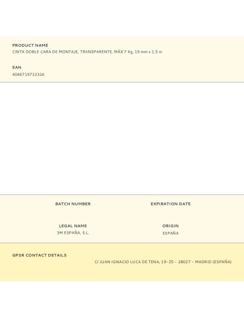 Cinta doble cara de montaje, transparente, máx 7 kg, 19mmx1,5m