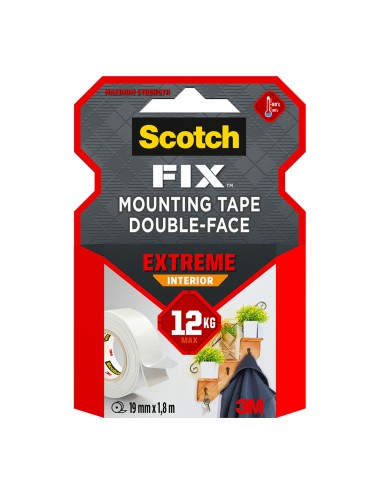 Cinta doble cara de montaje extreme para interiores, máx 12 kg, 19mmx1,8m